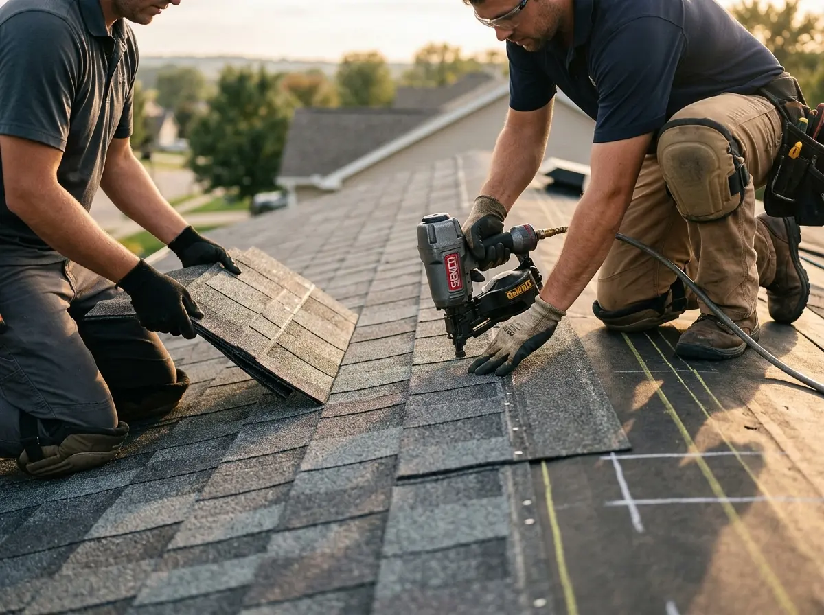 Professional roofer working on a residential roof in Lincoln Park